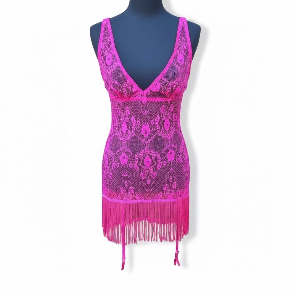 NWT Dreamgirl Hot Pink Lace Garter Chemise Dress Fringe Lingerie Slip Nighty M